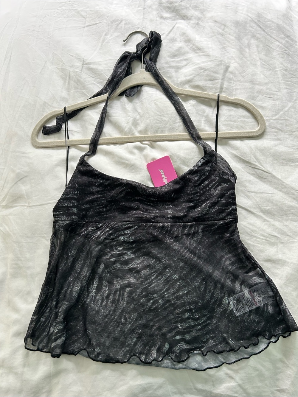 Edikted Black Sheer Zebra-Texture Tie-Halter Tank